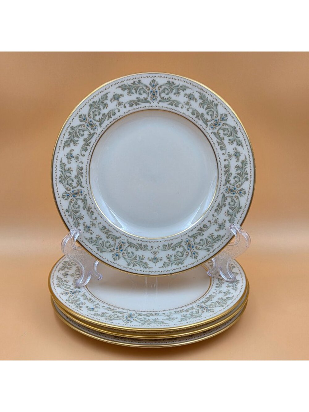 Lenox Noblesse Bread & Butter Plate Green/Gold Leaves, Blue Dots, Gold Trim Set